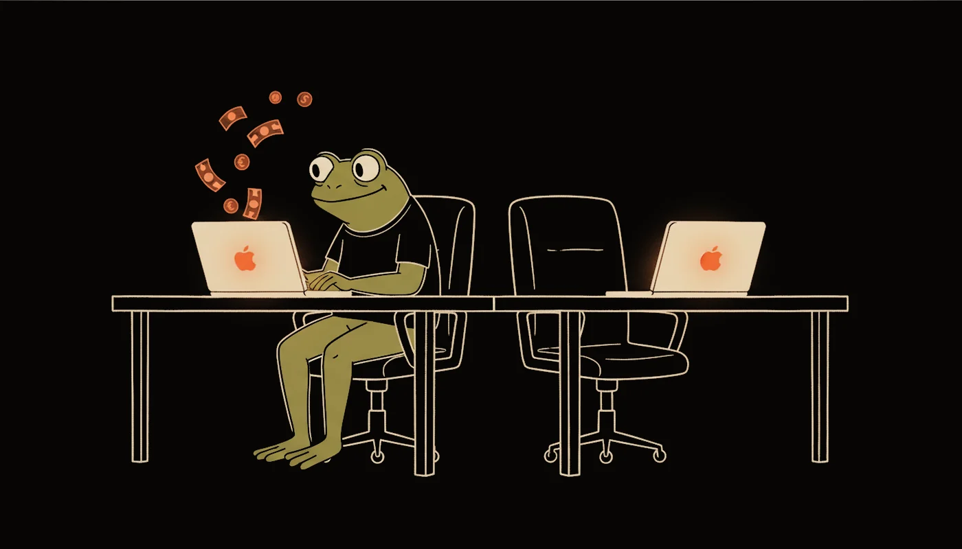 Ilustração cartoon: um sapo humanoide sentado de frente para a mesa digita num laptop de onde saem notas e moedas de euro numa luz laranja. Na mesma mesa, ao lado dele, uma segunda cadeira vazia também virada para a mesa, com outro laptop já ligado esperando.
