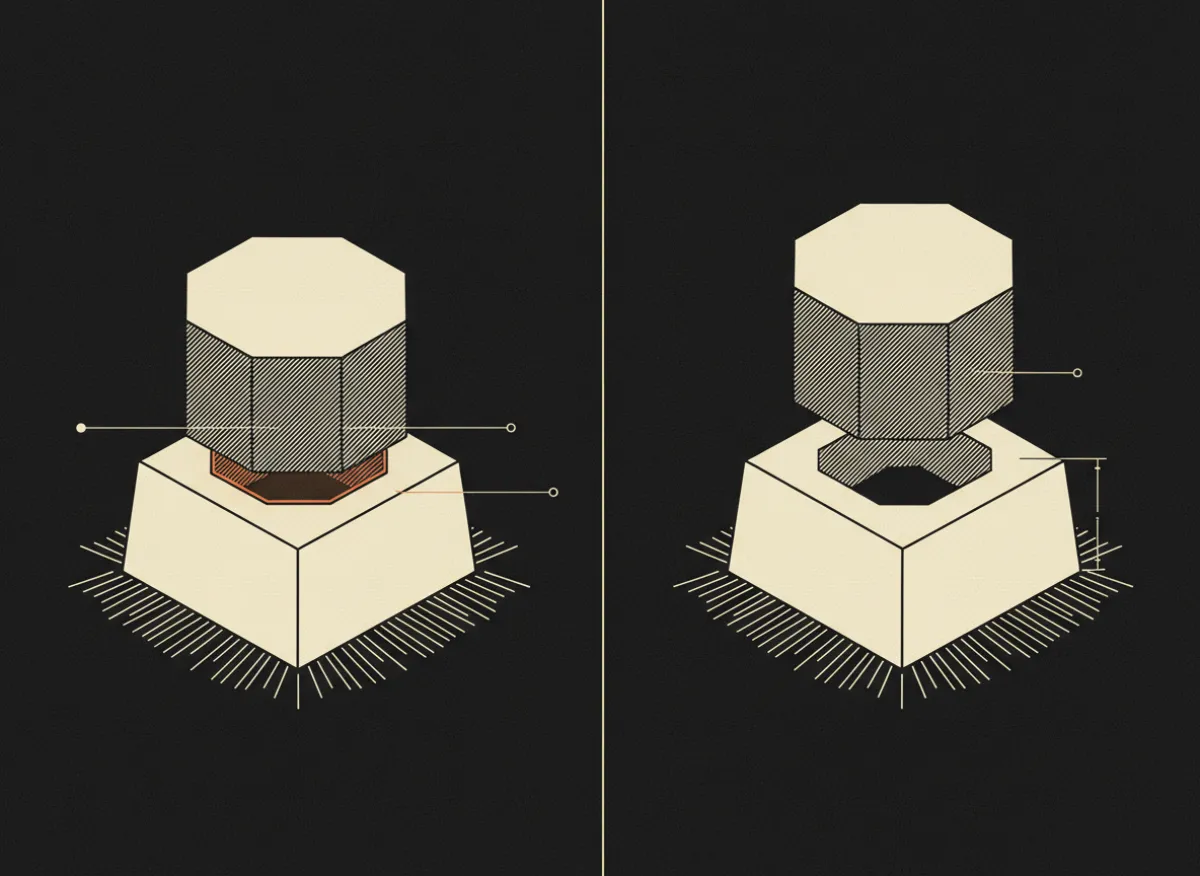 Diagrama técnico em traço creme sobre fundo quase preto, dividido ao meio. À esquerda, uma peça octogonal assenta na base e a costura de contato entre as duas brilha em laranja. À direita, a mesma peça, idêntica, flutua acima de uma base cuja abertura é um retângulo estreito demais, e sobra um vão escuro entre elas.