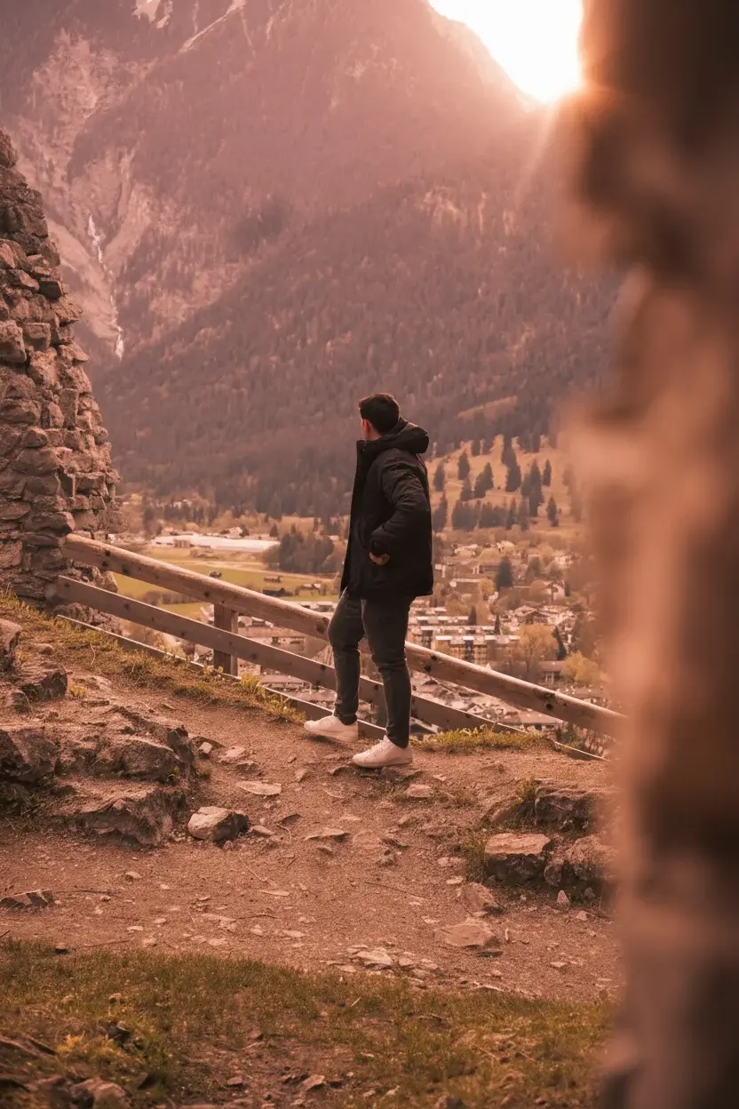 João de costas, olhando uma paisagem de montanha na Europa no fim da tarde